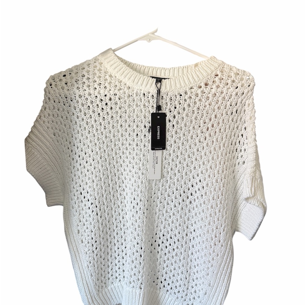Express White Open-Knit Crew Neck Sweater